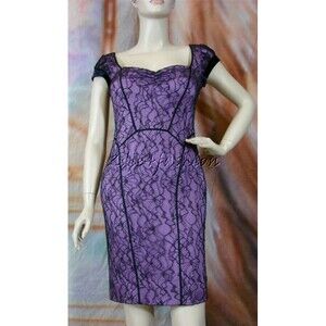 $2700 ZAC POSEN Sexy Purple Lace Over Lay Velvet Trim Sleeves Silk Dress 10